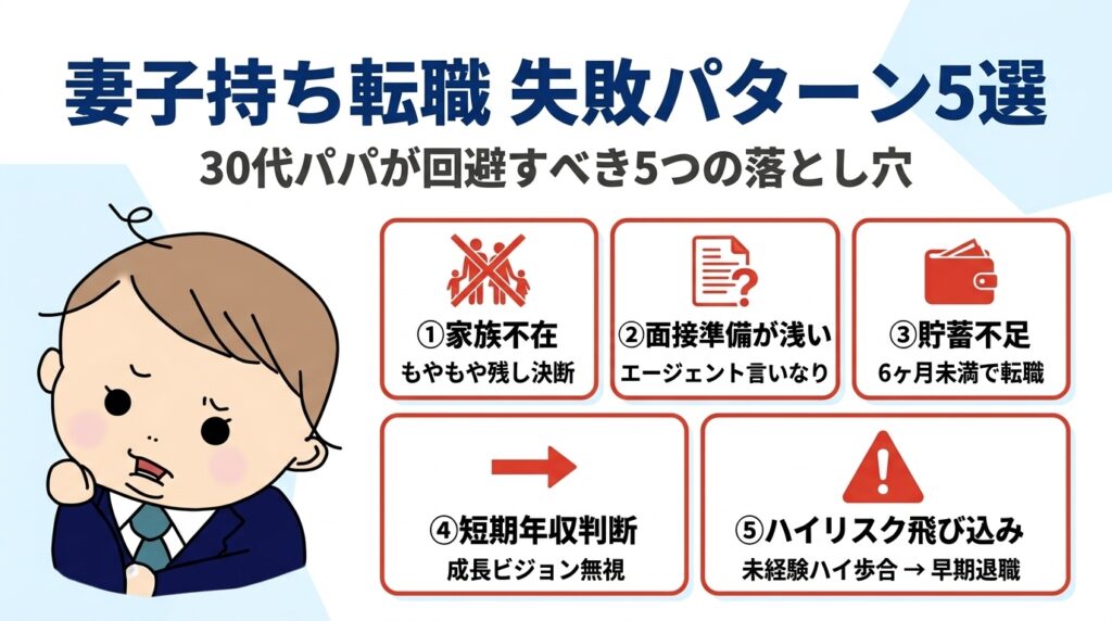 妻子持ち 転職 失敗 パターン5選 - 家族不在・面接準備不足・貯蓄不足・短期年収判断・ハイリスク求人飛び込み
