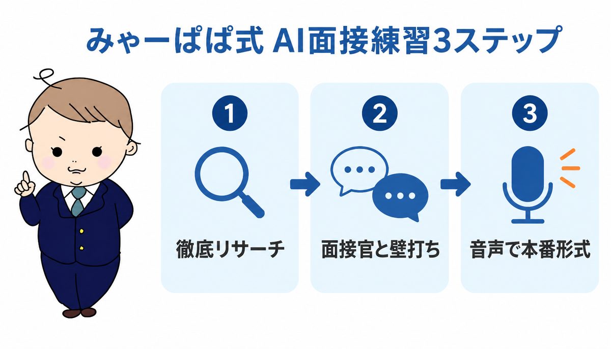 みゃーぱぱ式 AI面接練習3ステップ みゃーぱぱ式AI面接練習3ステップ|徹底リサーチ・面接官と壁打ち・音声で本番形式