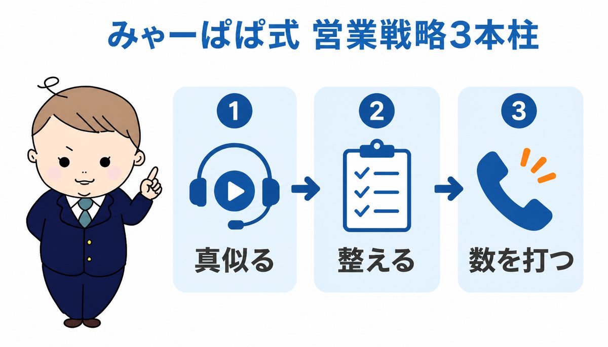みゃーぱぱ式 営業戦略3本柱｜売れてる人を真似る・リストで土俵を整える・メモで数を打つ