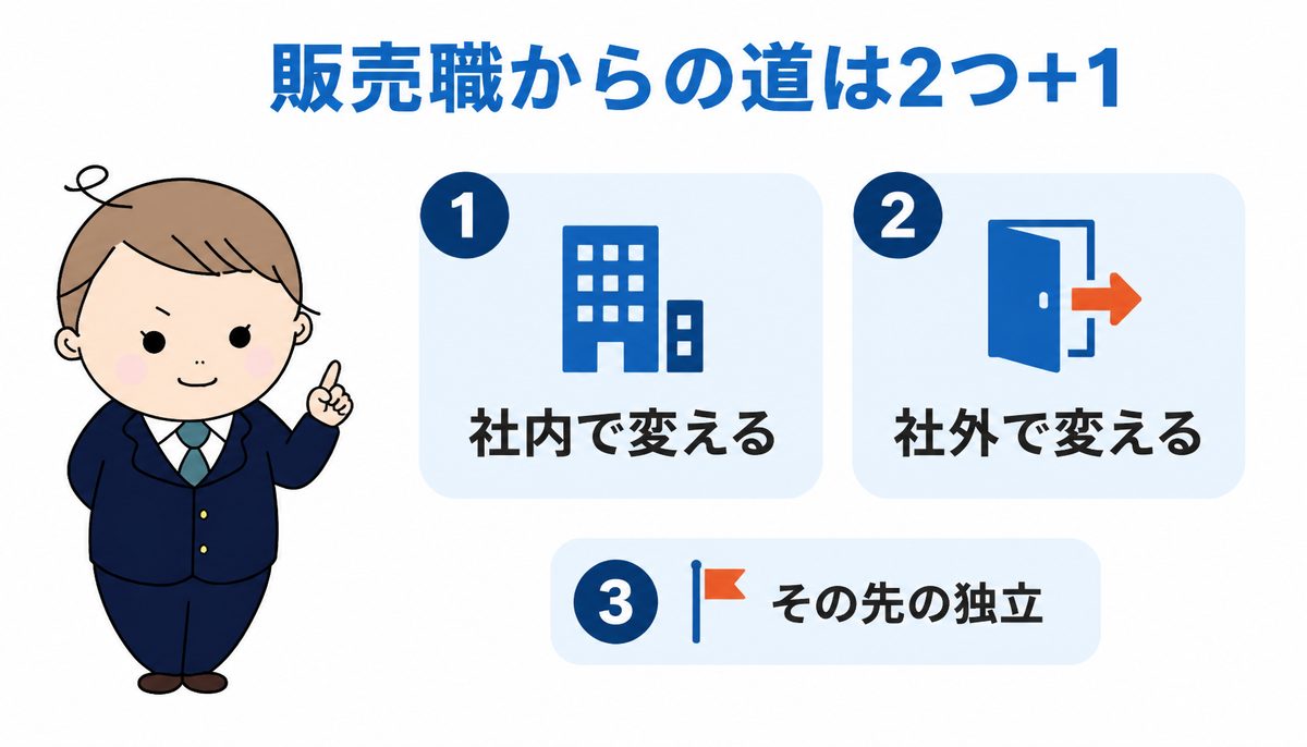 販売職から転職する道は2つプラス1｜社内で職種を変える・社外で職種を変える・その先の独立