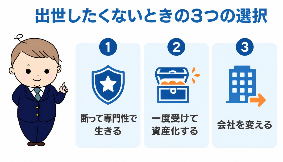 出世したくないときの3つの選択 出世したくないときの3つの選択|断って専門性で生きる・一度受けて資産化する・会社を変える