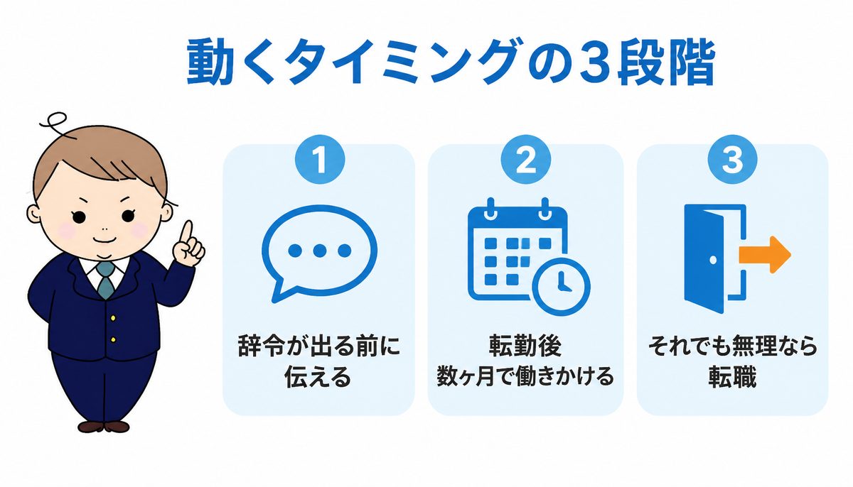 転勤したくない人が動くタイミングの3段階｜辞令が出る前に伝える・転勤して数ヶ月後に働きかける・それでも無理なら転職