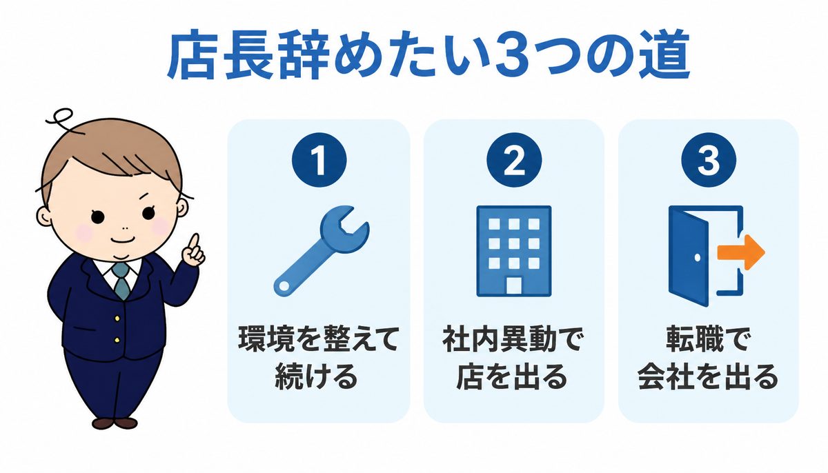 店長辞めたい3つの道 店長を辞めたい人の3つの道|環境を整えて続ける・社内異動で店を出る・転職で会社を出る