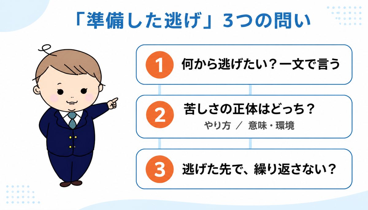 逃げの転職で後悔しない「準備した逃げ」3つの問い｜理由を一文に・苦しさの正体・逃げた先の確認を並べた図解