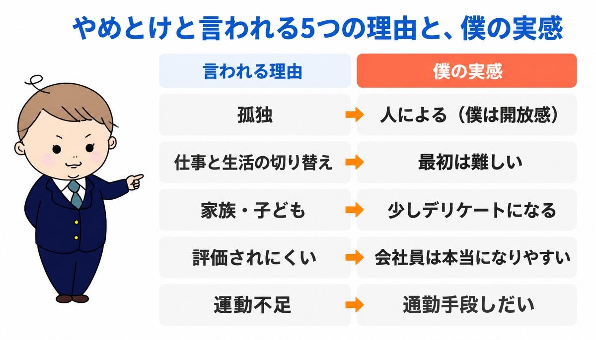 フルリモートはやめとけと言われる5つの理由と僕の実感 フルリモートはやめとけと言われる5つの理由(孤独・切り替え・家族・評価・運動不足)と在宅で働く経営者の実感を比べた図解