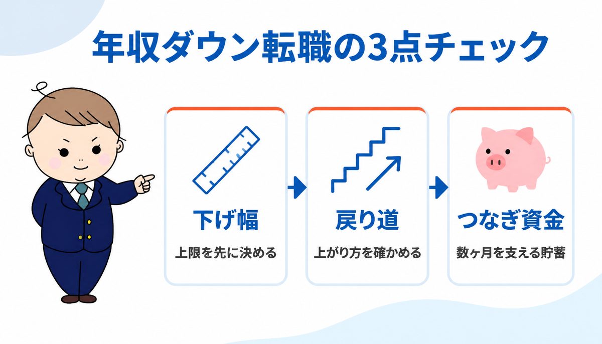 転職で年収が下がる前に確かめる3点チェック｜下げ幅・戻り道・つなぎ資金を表した図解