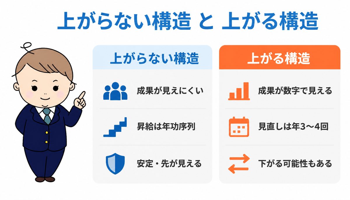 給料が上がらない会社と上がる会社の違い｜成果の見え方・給与を見直す回数・代償の3点で比較した図解