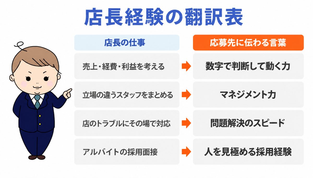 店長経験の翻訳表｜店長の仕事を応募先に伝わる言葉に言い換える4つの例を図解